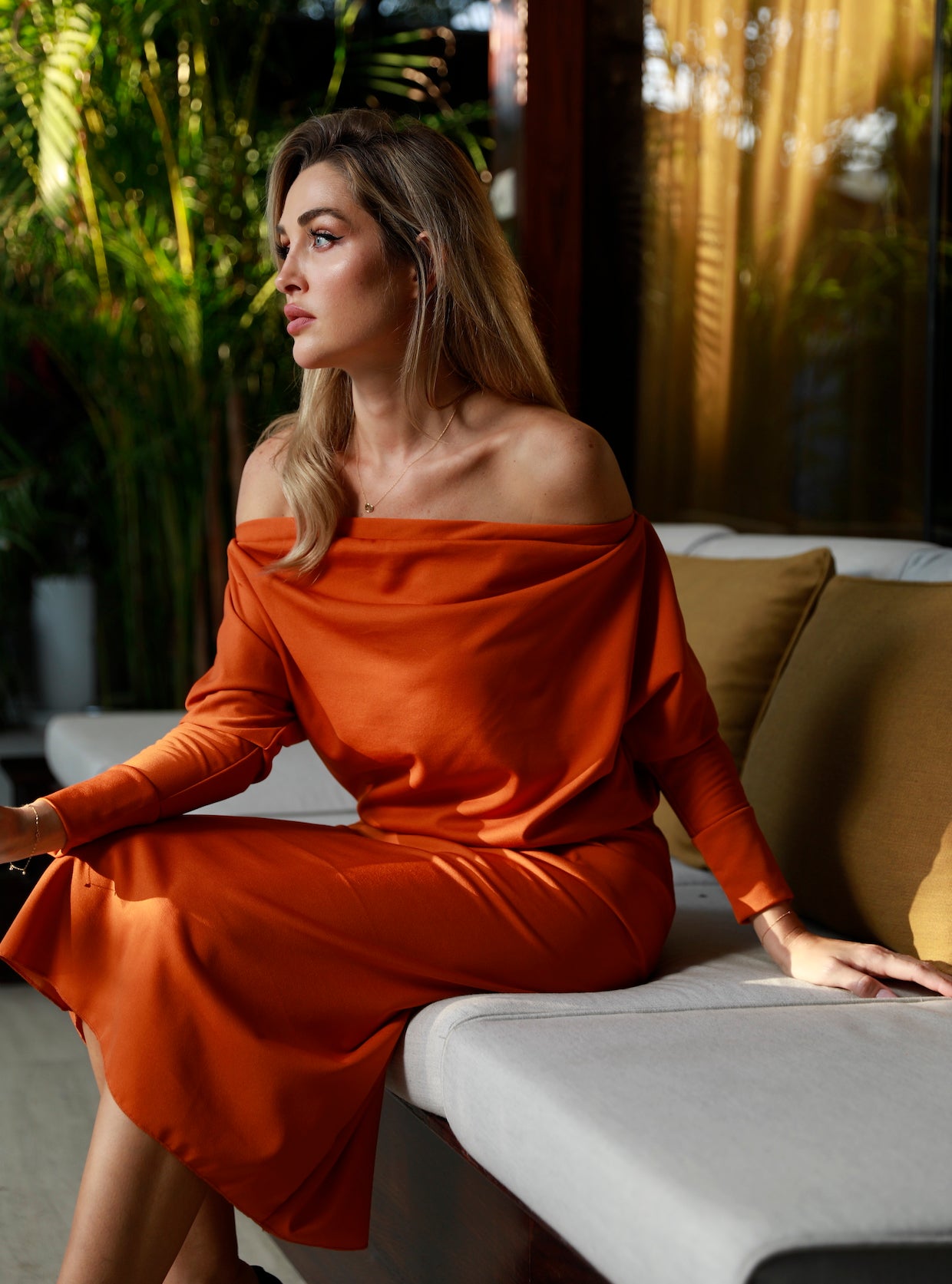 Orange Off shoulder Top and Skirt